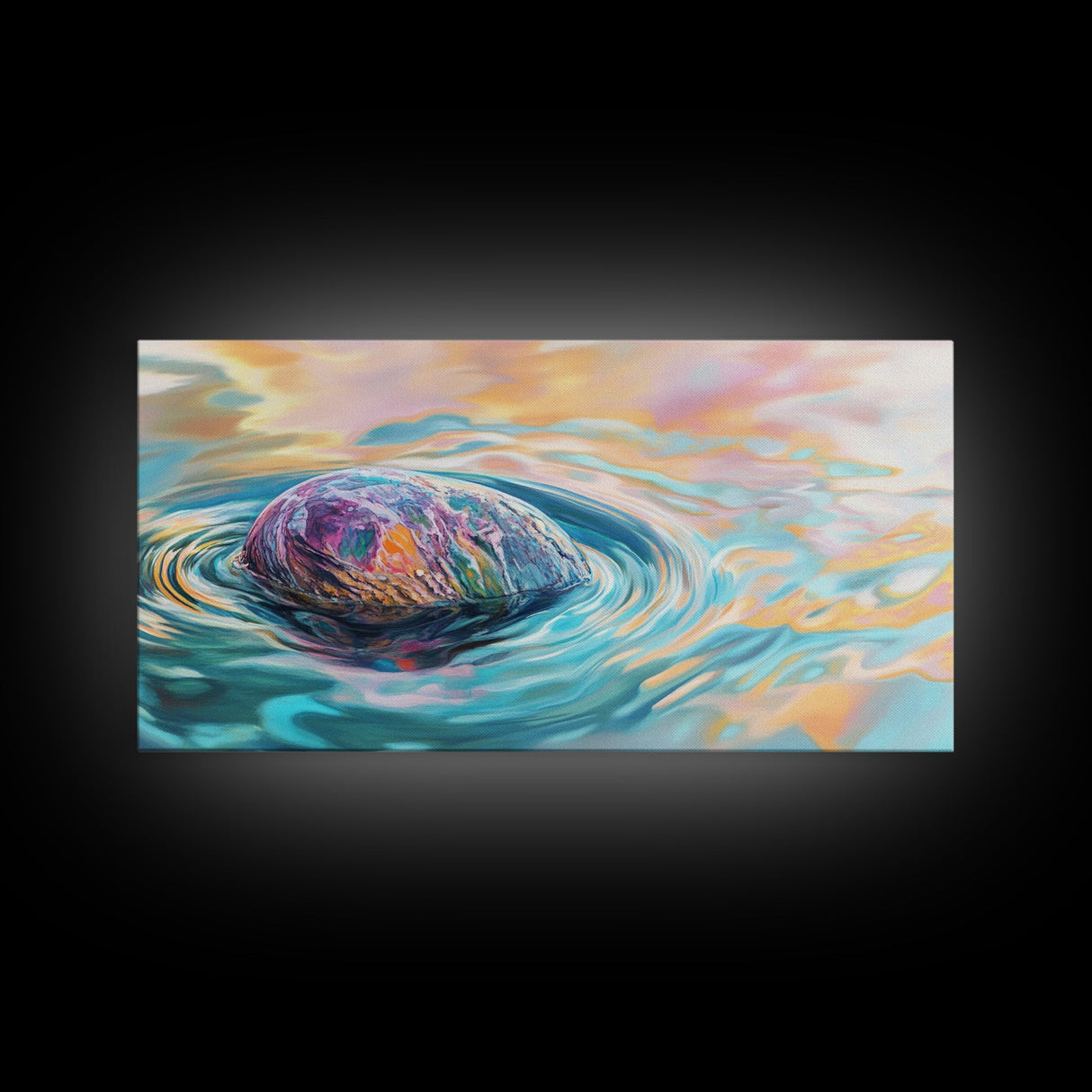 Floating Rock Art, surreal ocean painting, teal wall art, light pink wall art, moody art, nautical wall art, framed canvas print