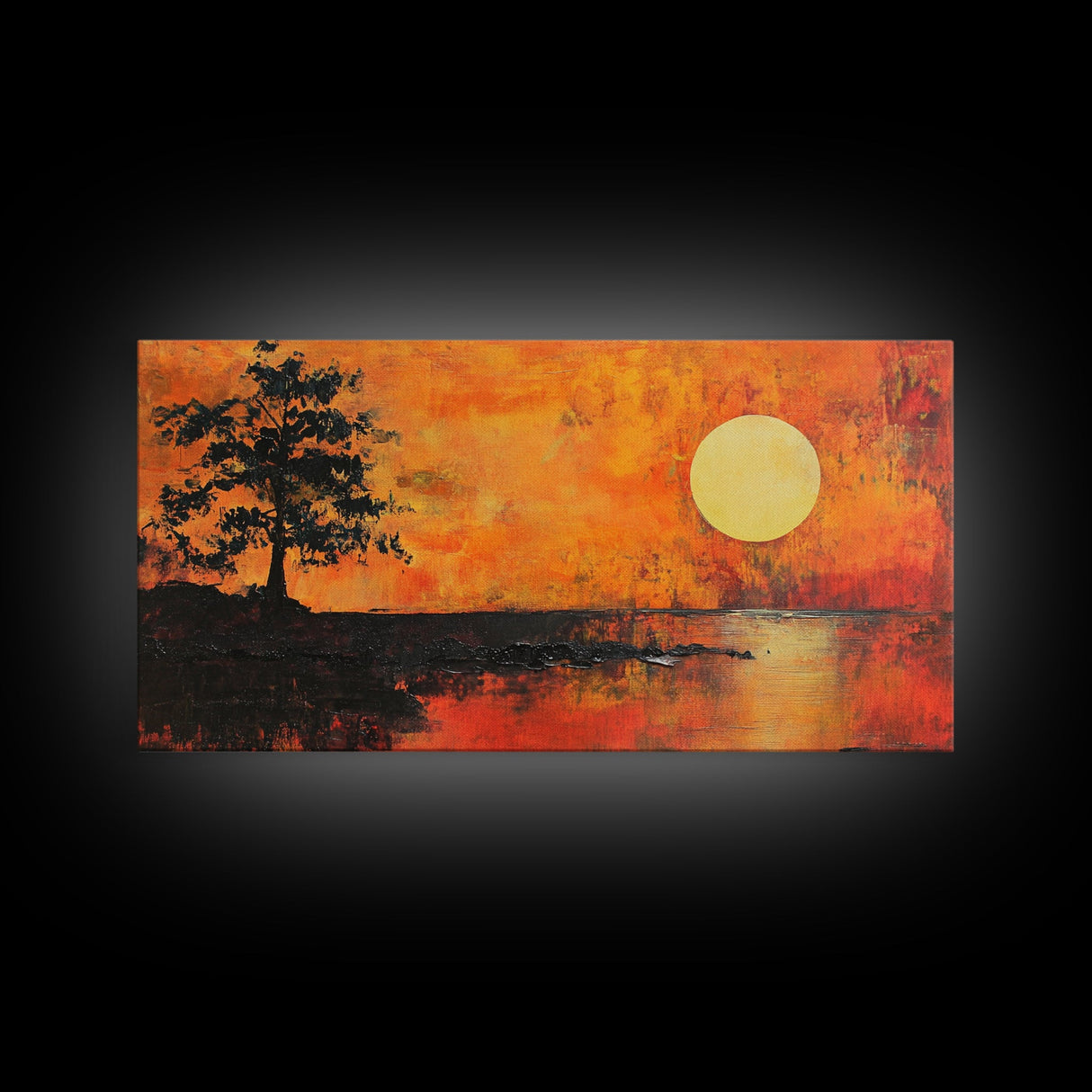 Sunset Tree, orange wall art, oak tree art, moody art, panoramic art, extra wide art, rustic wall art, Framed Canvas Print