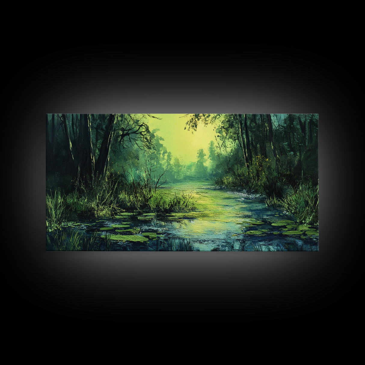 Forest Lagoon, green wall art, nature landscape painting, botanical prints, wabi sabi art, extra wide art, Framed Canvas Print