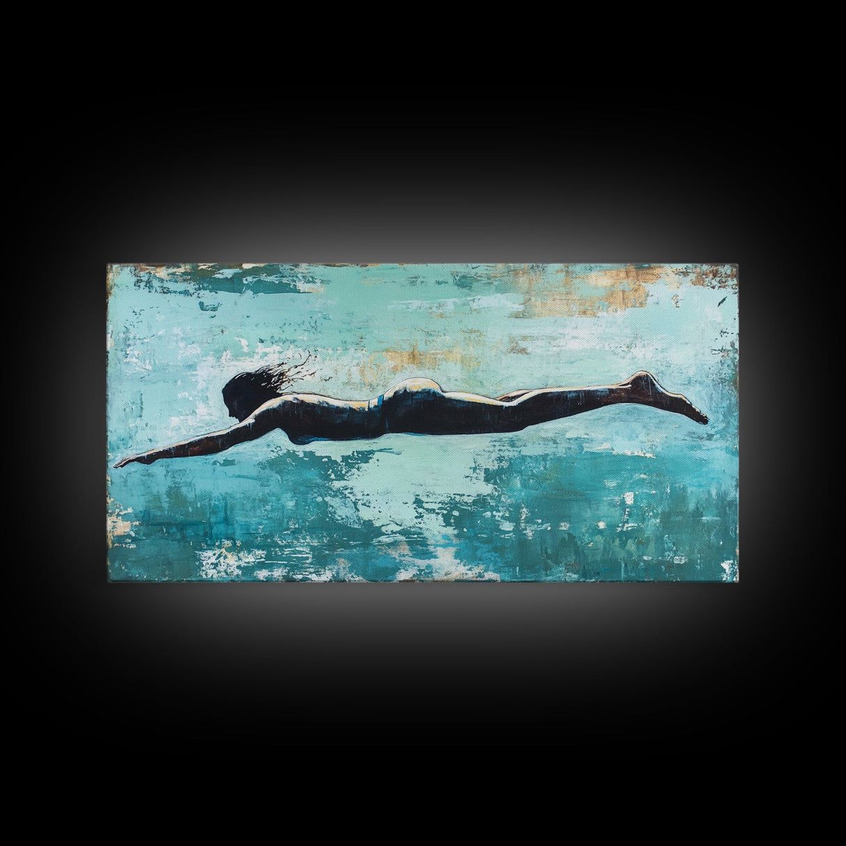 Woman Swimming, teal wall art, moody art, minimalist art, extra wide art, coastal decor, beach house art, Canvas Print