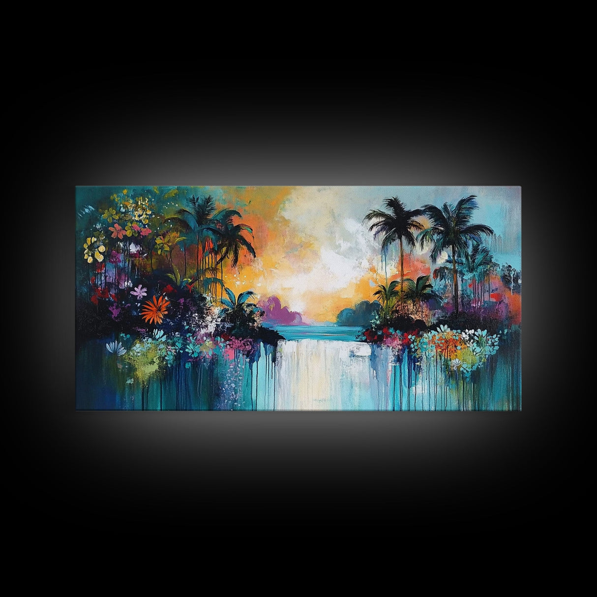 Tropical Sunset, Canvas Print, palm tree painting, coastal decor, wildflower painting, extra wide art, beach wall art