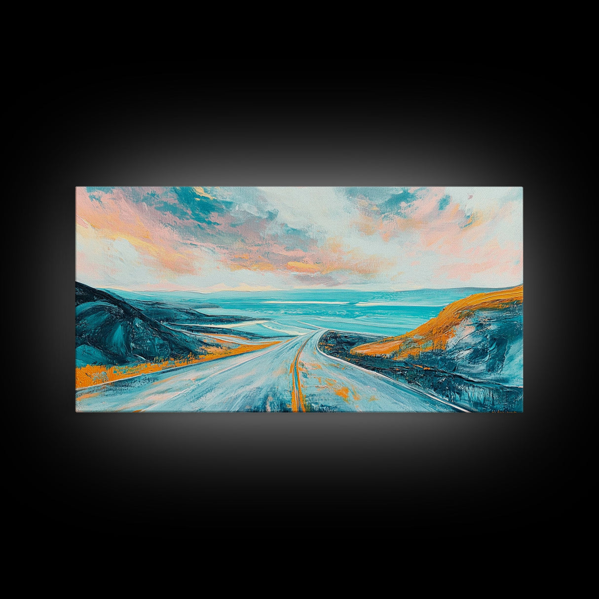 Open Road, Ocean View Highway, Coastal Landscape, Nautical Painting, Lake Tahoe Art, Panoramic Art, Canvas Print, Horizontal Art
