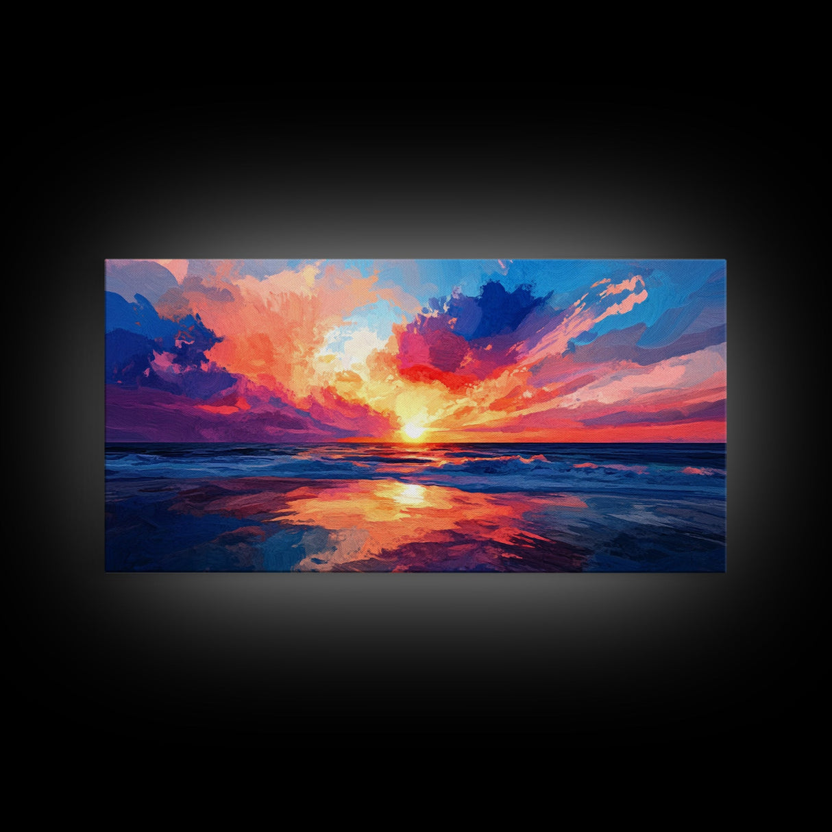 Sunset Beach, pink orange wall art, seascape painting, coastal wall art, panoramic art, ocean waves, extra wide art, Canvas Print