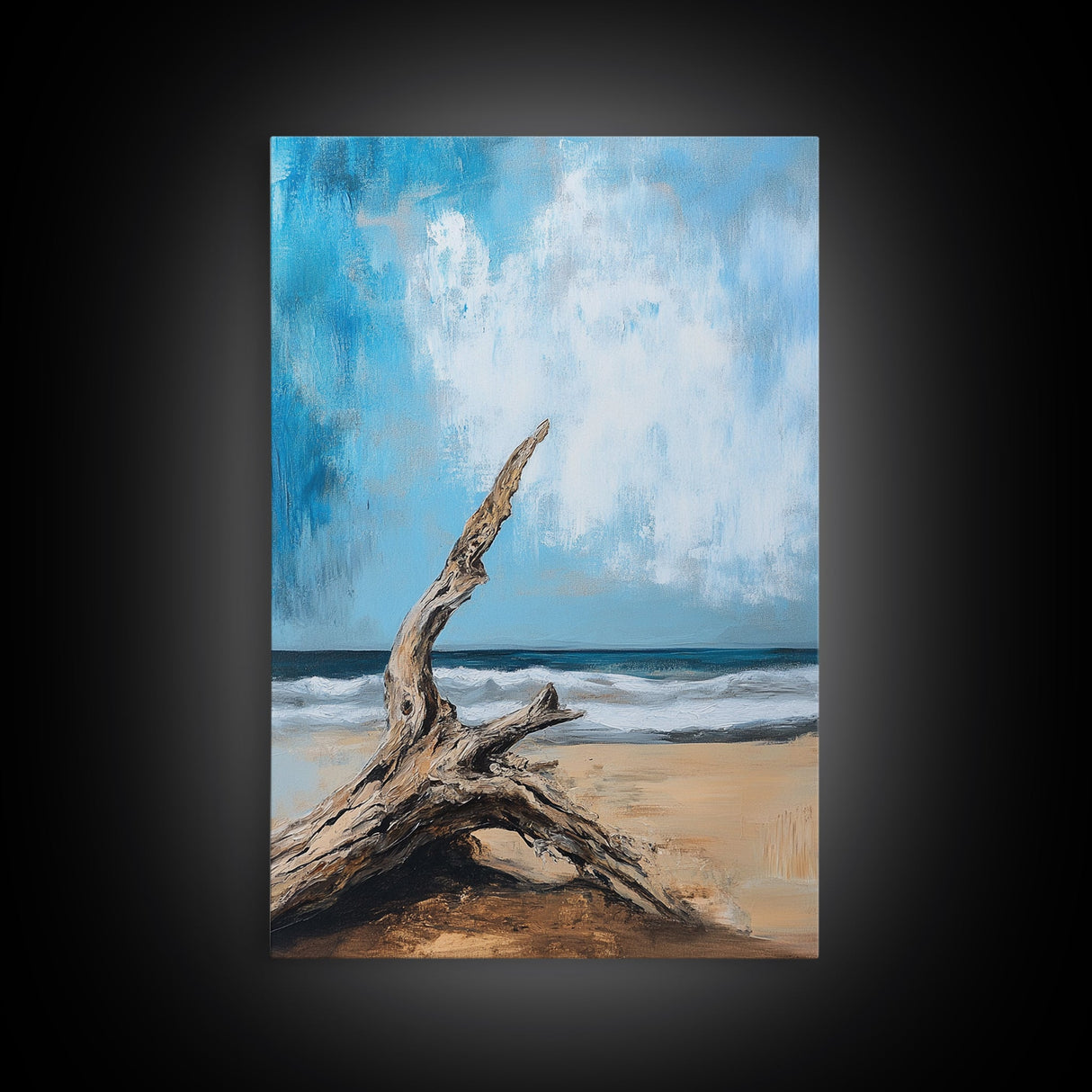 Driftwood, coastal landscape art, rustic decor, farmhouse art, framed canvas print, seascape painting, nautical decor, ocean art