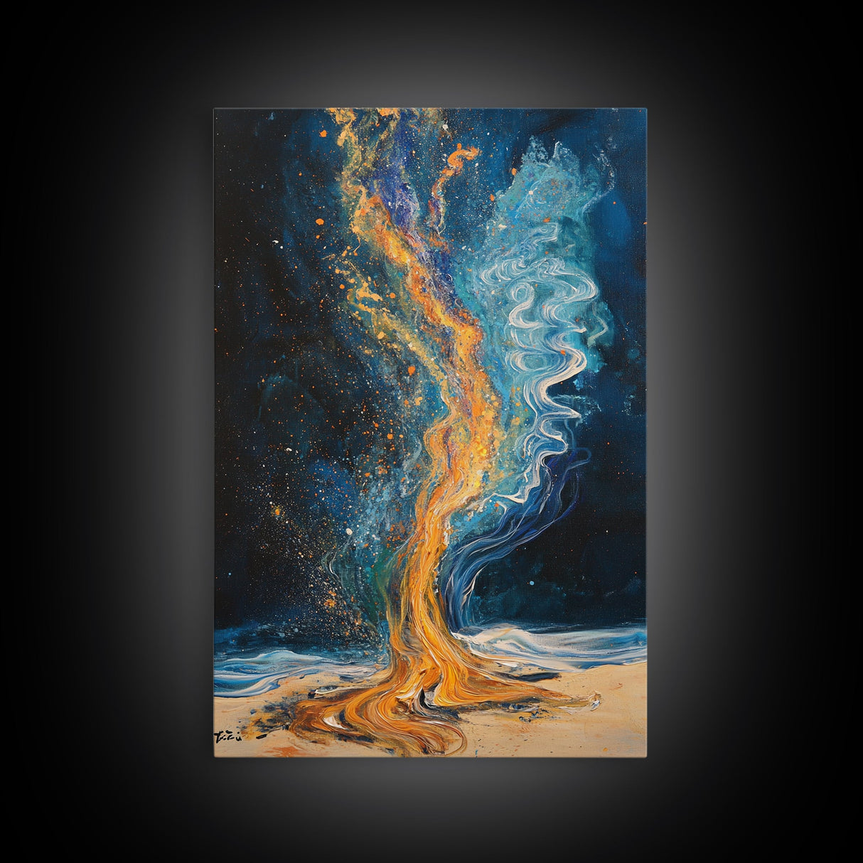 Fire and water, moody art, sacred geometry wall art, phoenix metal art, framed canvas print, abstract cosmic painting, mystical decor