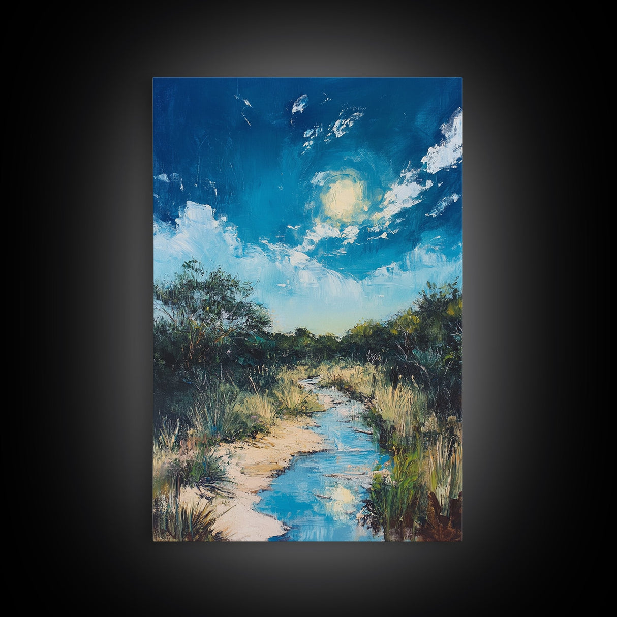Moonlit Marsh, Moody Art, Coastal Landscape Art, Blue and Green Wall Art, Rustic Wall Art, Framed Canvas Print, Gift Idea