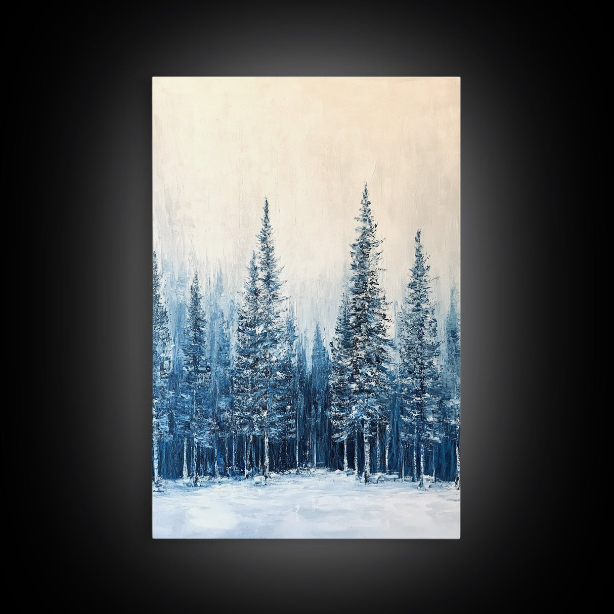 Winter Forest Scene, pine tree art, rustic wall art, moody art, landscape painting, minimalist art, Framed Canvas Print
