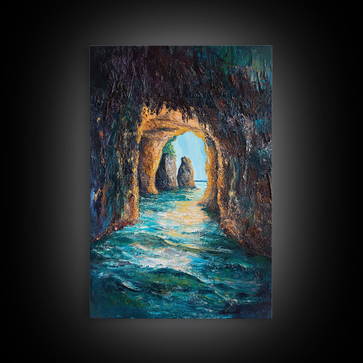 Sunlit Ocean Grotto, seascape painting, nautical painting, tropical wall art, blue and green wall art, Framed Canvas Print