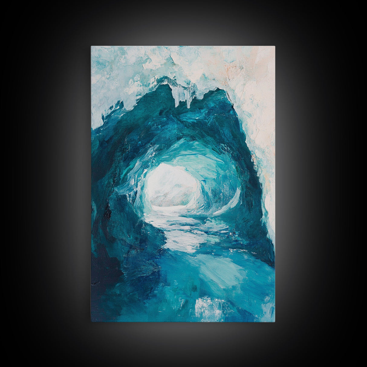 Ice Cave Entrance, blue and green wall art, moody art, geometric wall art, canvas print, extra wide art, wabi sabi art, winter decor
