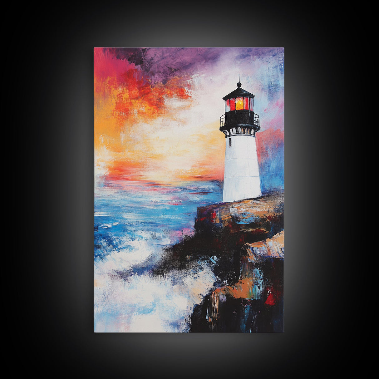 Lighthouse, Ocean, Sunset, Framed Canvas Print, coastal wall art, seascape painting, nautical painting, original painting, rustic decor