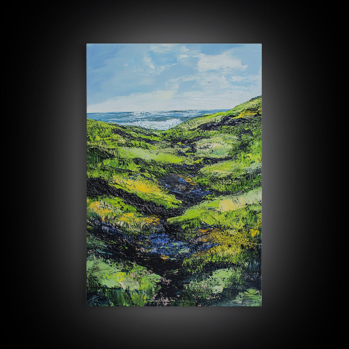 Ireland painting, green wall art, coastal landscape art, wabi sabi art, farmhouse art, Framed Canvas Print, landscape painting