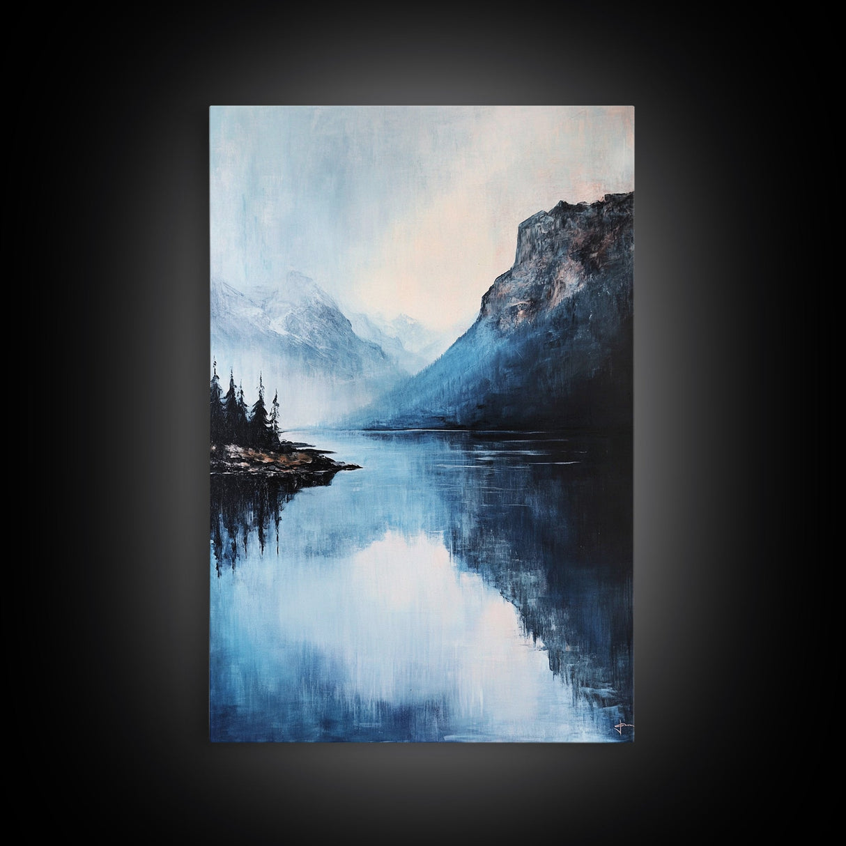 smoky mountain art, pine tree art, rustic wall art, blue and green wall art, panoramic painting, Framed Canvas Print, above couch art