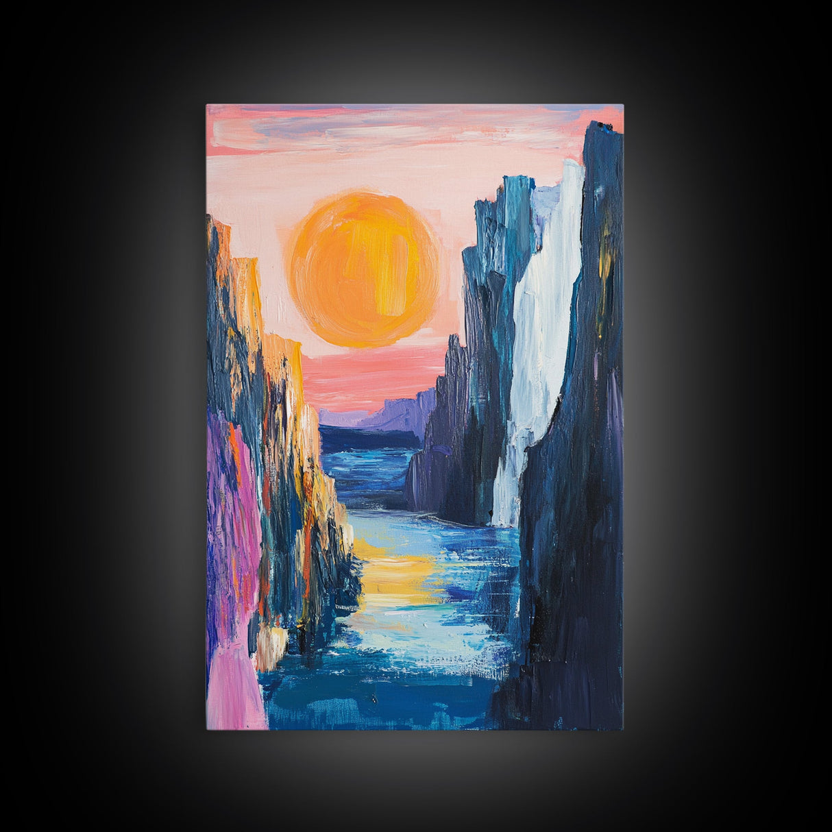 pink orange wall art, sunset painting, abstract landscape painting, blue and green wall art, Framed Canvas Print, boho art, modern decor