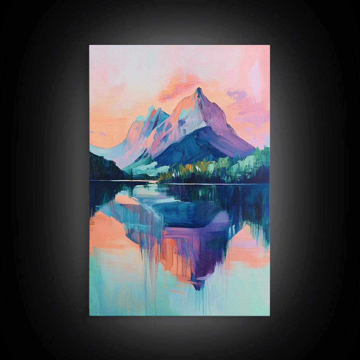landscape painting, pink orange wall art, sunrise painting, modern art, extra wide art, panoramic art, Framed Canvas Print, moody art