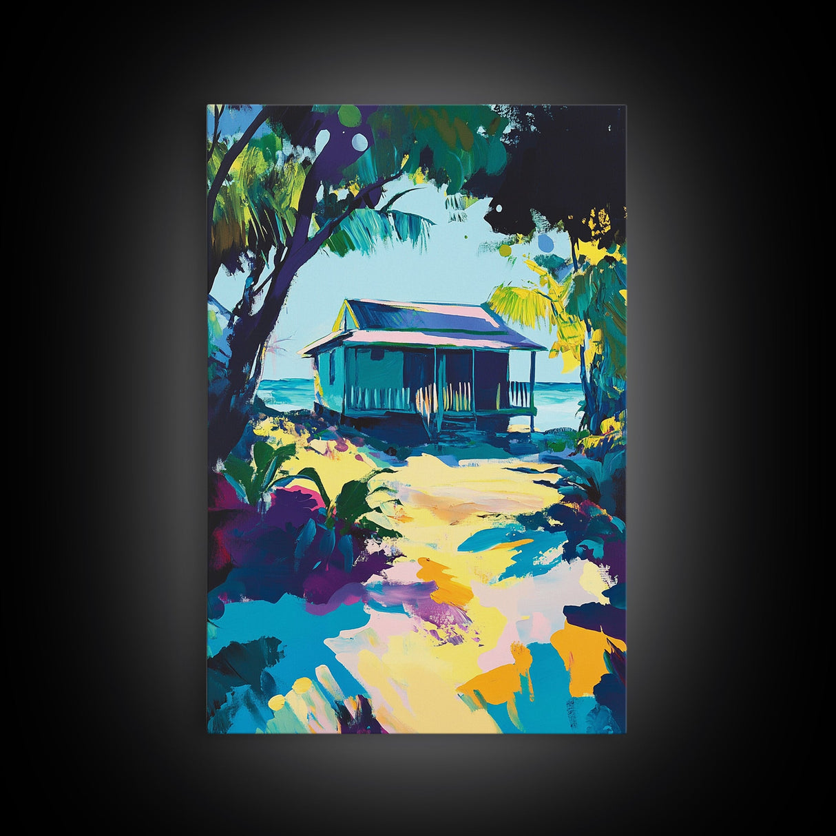 Tropical House, Hawaii Art, Coastal Cowgirl Wall Art, Palm Tree Painting, Coastal Landscape Art, Canvas Print, Living Room Art
