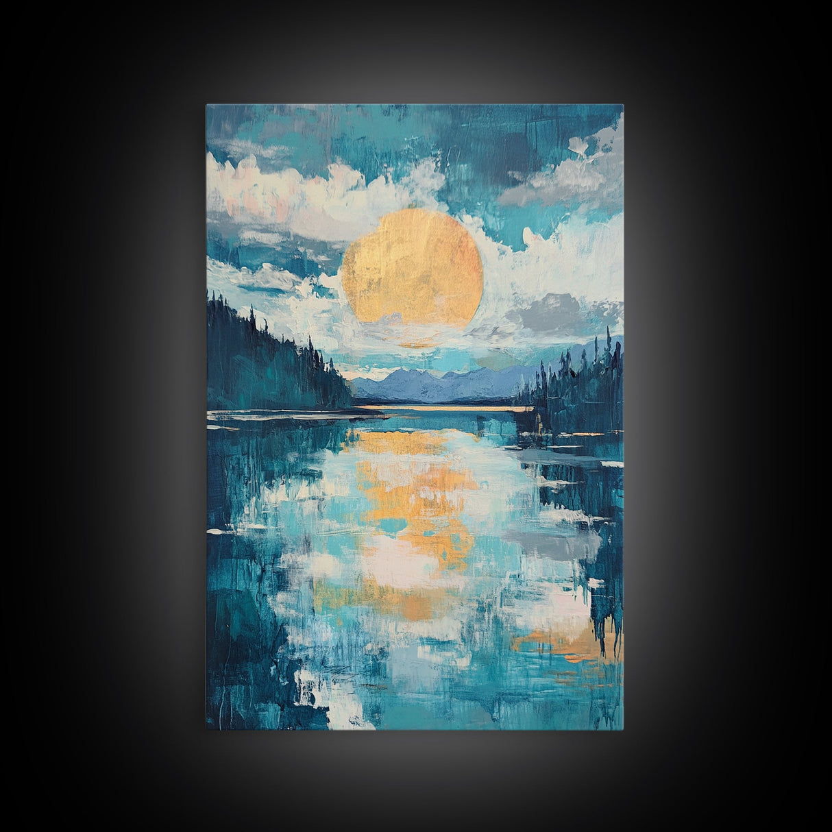 Moon Oil Painting, Smoky Mountain Art, Wabi Sabi Wall Art, Framed Canvas Print, Moody Art, Blue and Green Wall Art, Above Sofa Art