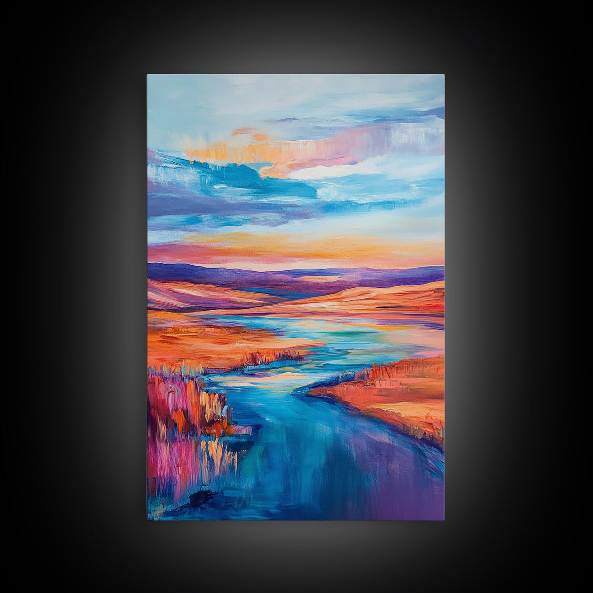 Vibrant River, landscape painting, wabi sabi art, coastal landscape art, Canvas Print, horizontal wall art, panoramic art, farmhouse art