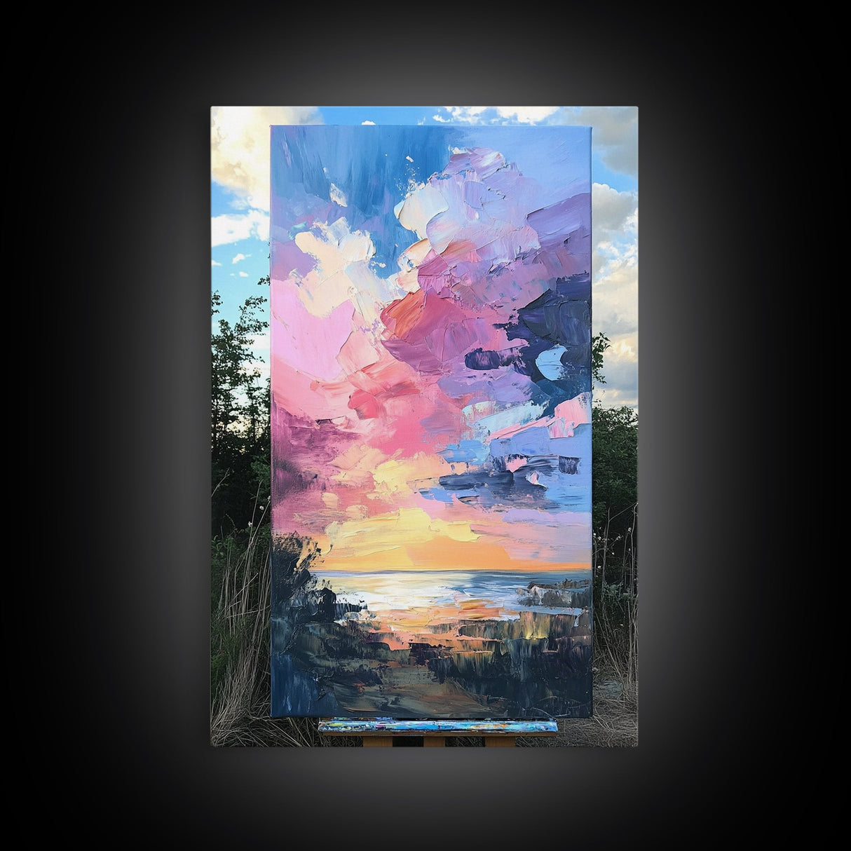 Sunset Beach, seascape painting, coastal wall art, nautical decor, panoramic painting, above bed wall art, framed canvas print