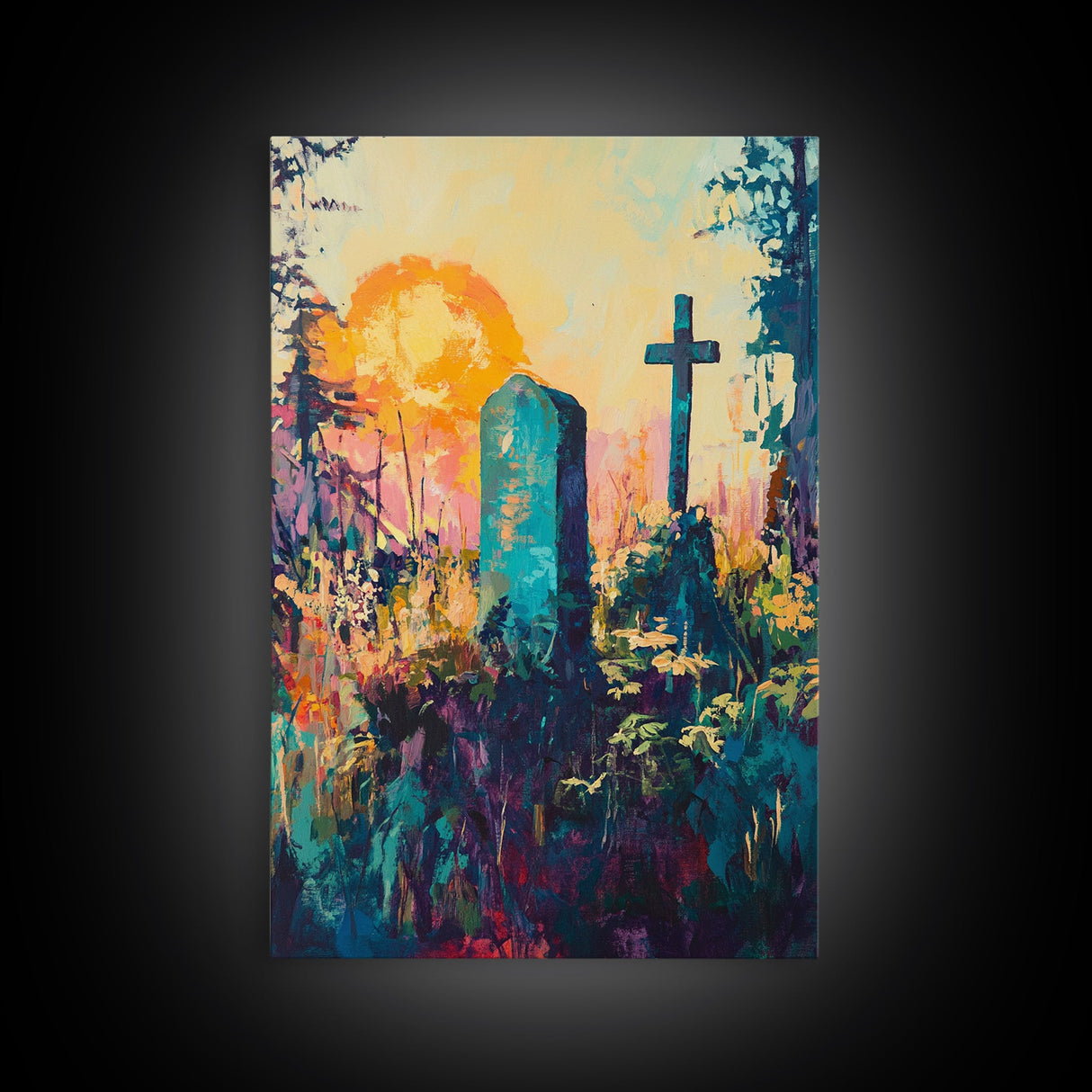 Graveyard Sunset, dark romance painting, gothic wall art, moody art, vintage folk art, atmospheric painting, framed canvas print