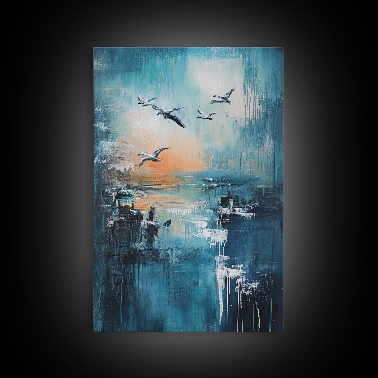 Seagull Art, coastal wall art, nautical painting, ocean birds, teal wall art, moody art, framed canvas print, gift idea, coastal decor