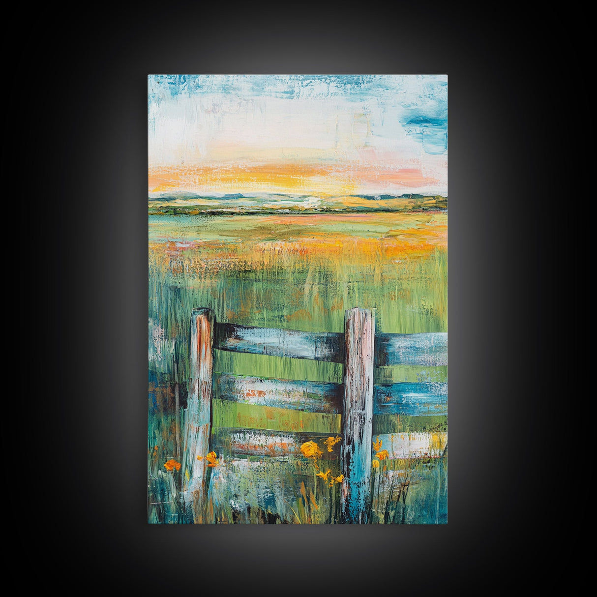 Field Sunset, wildflower painting, landscape painting, rustic wall art, nature wall art, bedroom art, framed canvas print, home decor