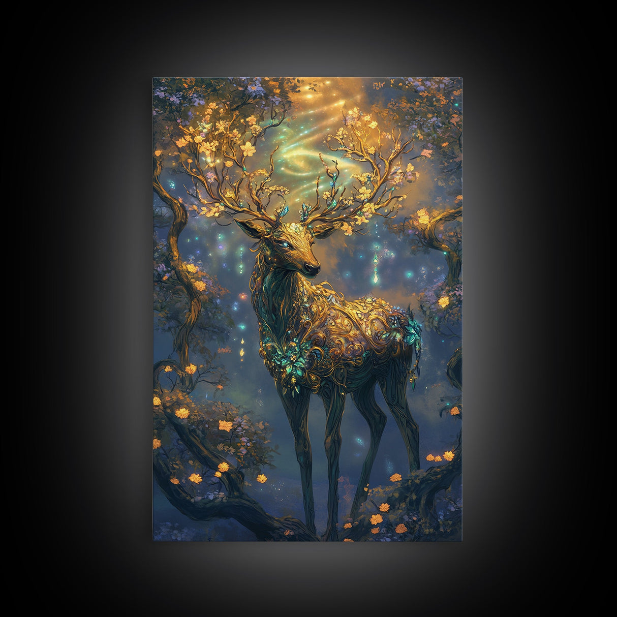 Golden Stag, Mystical Forest, Fantasy Animal Art, Sacred Geometry Wall Art, Rustic Wall Art, Living Room Art, Canvas Print, Gift Idea