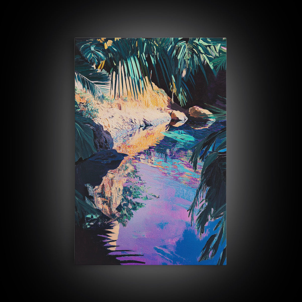 Tropical Reflections Framed Canvas Print Jungle River Wall Art, Boho Nature Decor, Vibrant Exotic Landscape, Relaxing Living Room Art