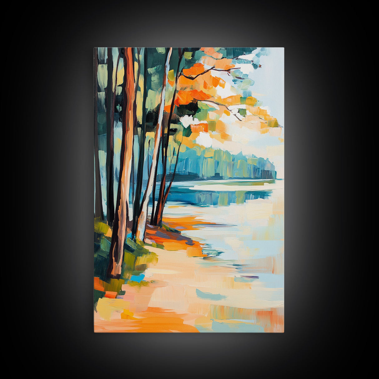 Lakeside Forest Art Framed Canvas Print Autumn Landscape Painting Serene Nature Wall Decor Warm Cozy Home Aesthetic Rustic Living Room