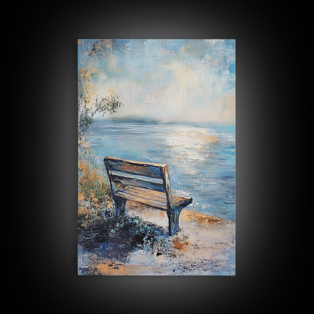 Serene Bench Canvas Print Lakeside Tranquility Peaceful Landscape Wall Art Cozy Home Decor Living Room Relaxation Gift