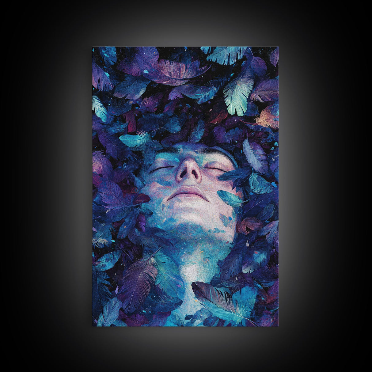 Dreamy Blue Feathers Canvas Print | Ethereal Surreal Art | Boho Bedroom Decor | Unique Abstract Painting | Cosmic Wall Art