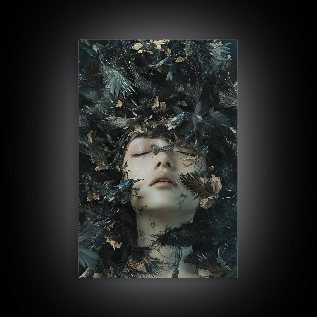 Dark Mystic Bird Canvas Print - Surreal Gothic Art, Moody Wall Decor, Dramatic Dreamscape Painting, Black Feather Fantasy Artwork