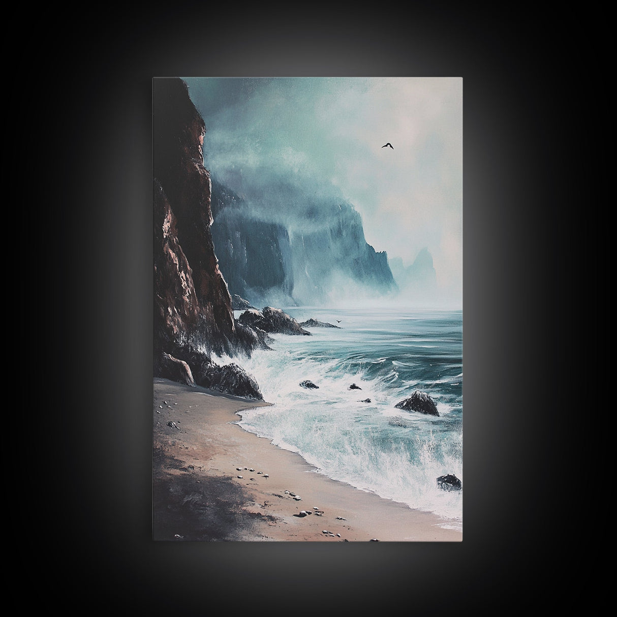 Stormy Coast, Dark Romance Painting, Moody Art, Seascape Painting, Ocean Landscape, Above Couch Art, Framed Canvas Print