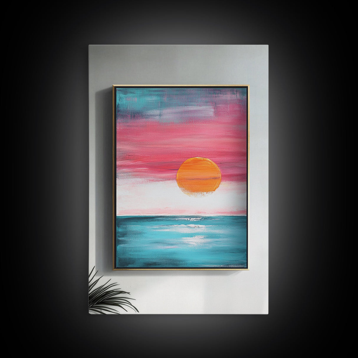 Sunset Horizon, pink orange wall art, nautical painting, coastal decor, above bed wall art, wabi sabi art, Framed Canvas Print, boho art