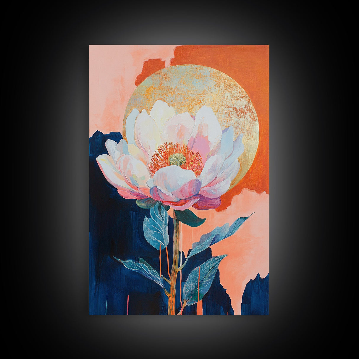 Floral Moon, Wildflower Painting, Pink Orange Wall Art, Light Pink Wall Art, Botanical Prints, Canvas Print, Gift Idea, Boho Art
