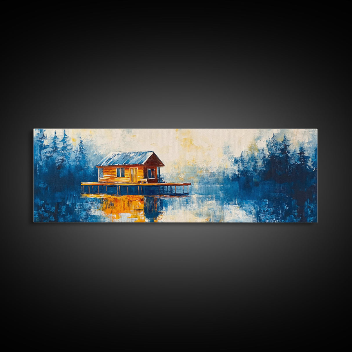 Lake Cabin Reflection Canvas Print Rustic Lodge Wall Art Cozy Winter Artwork Warm Cabin Decor Large Framed Home Wall Art