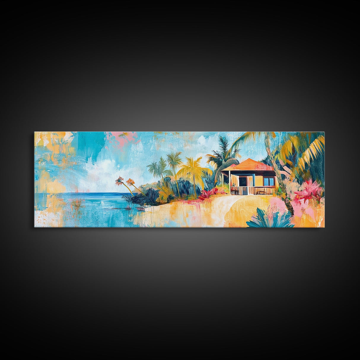 Tropical Beach Hut Painting, Vibrant Coastal Paradise Wall Art, Colorful Island House Decor, Living Room Aesthetic, Canvas Print