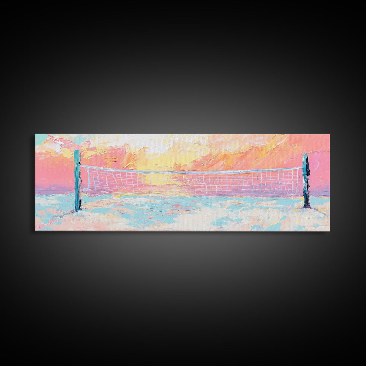 Sunset Beach Volleyball Painting, Pastel Ocean Sports Art, Fun Summer Wall Decor, Playful Living Room, Framed Canvas Print