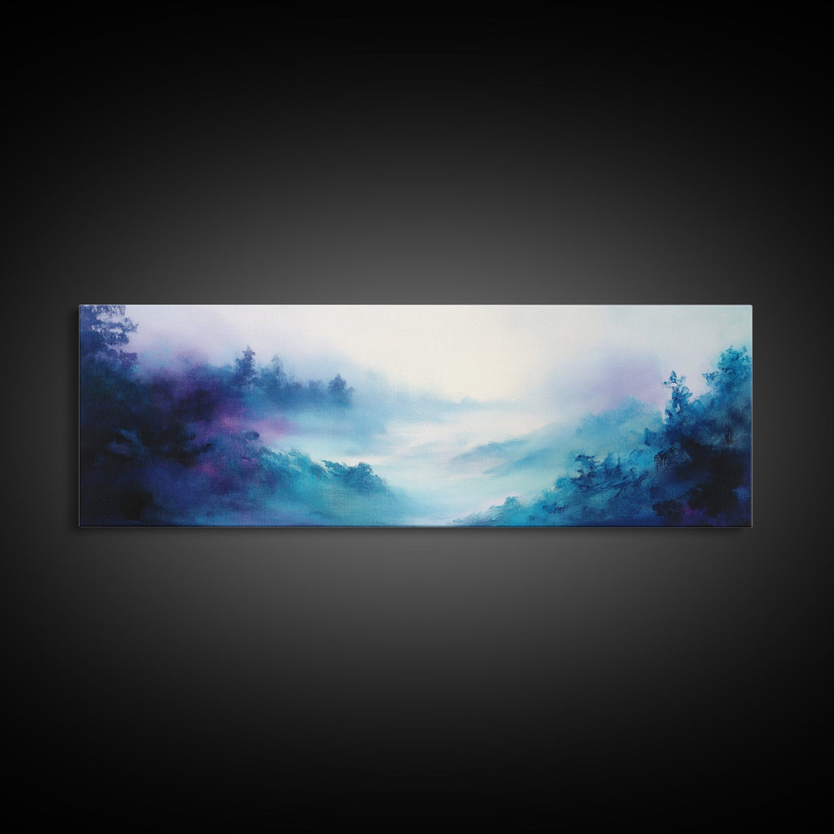 Ethereal Foggy Forest Framed Canvas Print - Mystical Landscape Wall Art, Blue and Purple Nature Decor, Living Room Art