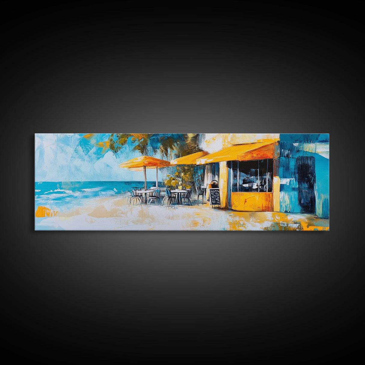Beachfront Café Painting, Rustic Coastal Restaurant Art, Vibrant Nautical Wall Decor, Warm and Inviting Kitchen, Canvas Print