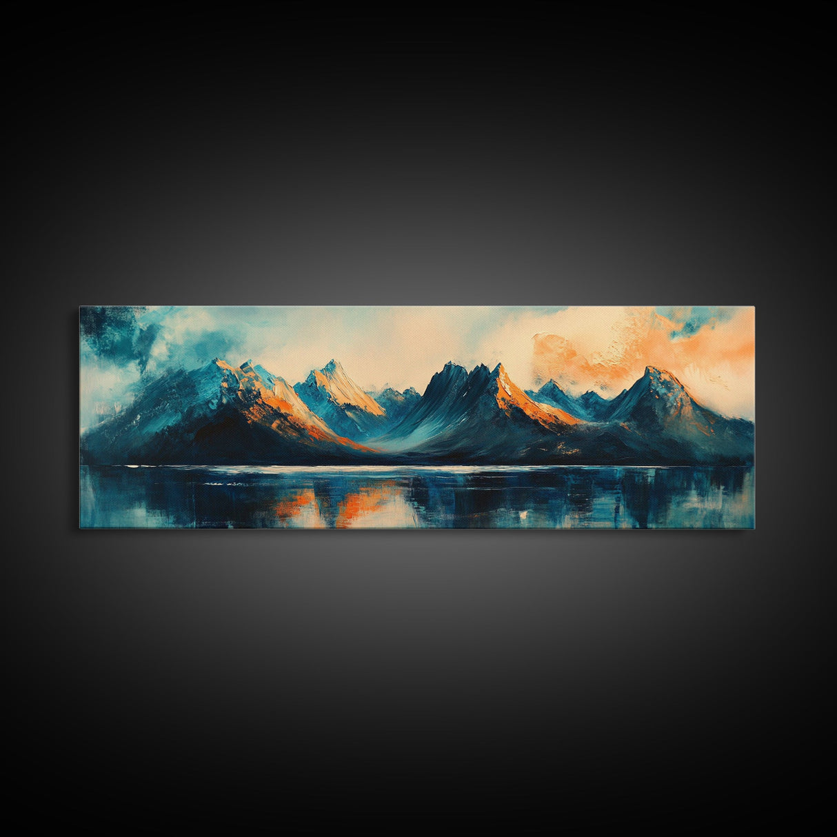 Majestic Mountains Framed Canvas Print Scenic Landscape Art, Blue and Gold Mountain Painting, Nature Wall Decor, Bedroom Wall Art