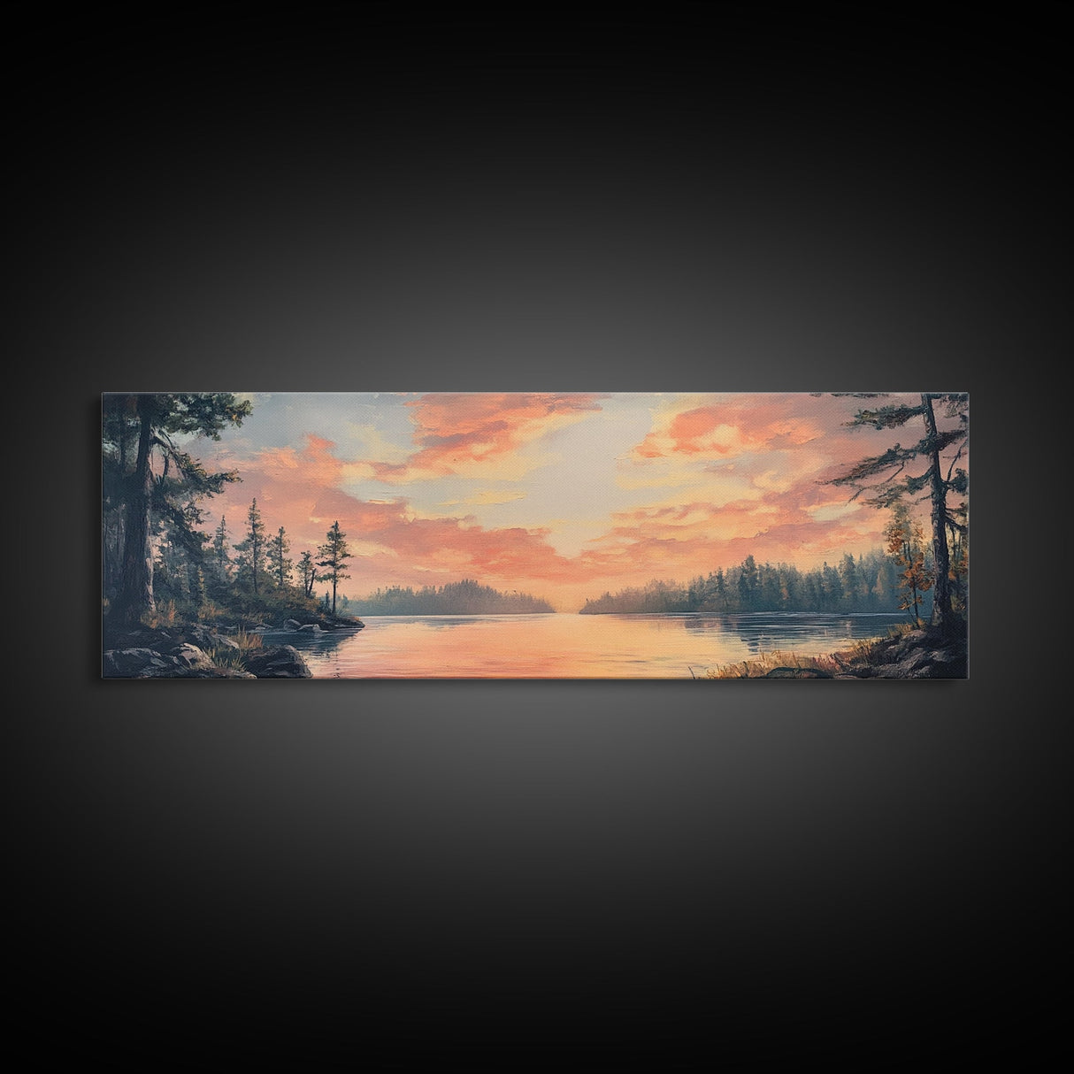 Sunset Lake Reflection Framed Canvas Print Autumn Landscape Warm Tones Nature Wall Art Rustic Cabin Decor Bedroom Living Room
