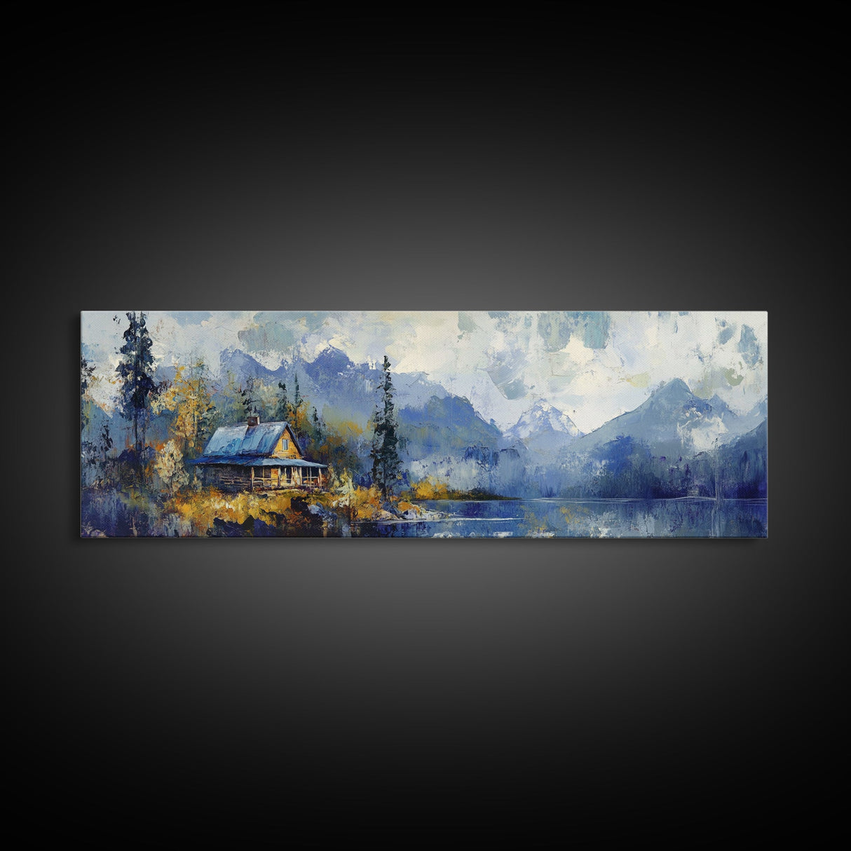 Mountain Cabin Painting Rustic Lakeside Autumn Landscape Wall Art Cozy Wilderness Retreat Artwork Living Room