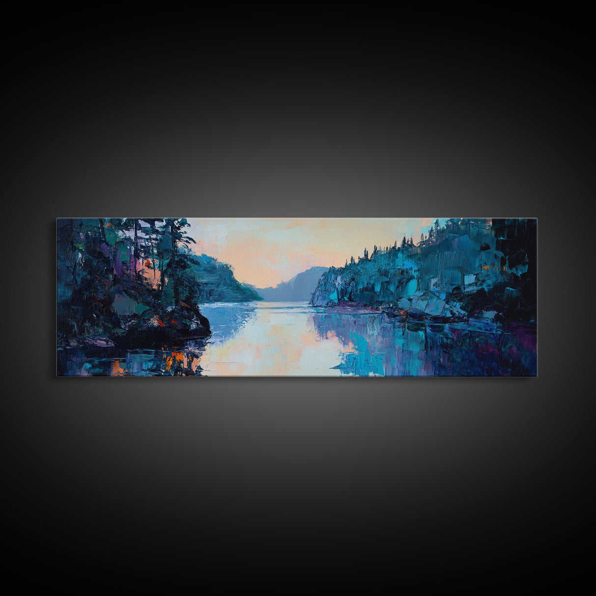 Twilight Lake Reflections Framed Canvas Print, Moody Landscape Painting, Dark Blue Nature Wall Art, Bedroom Art, Wilderness Artwork