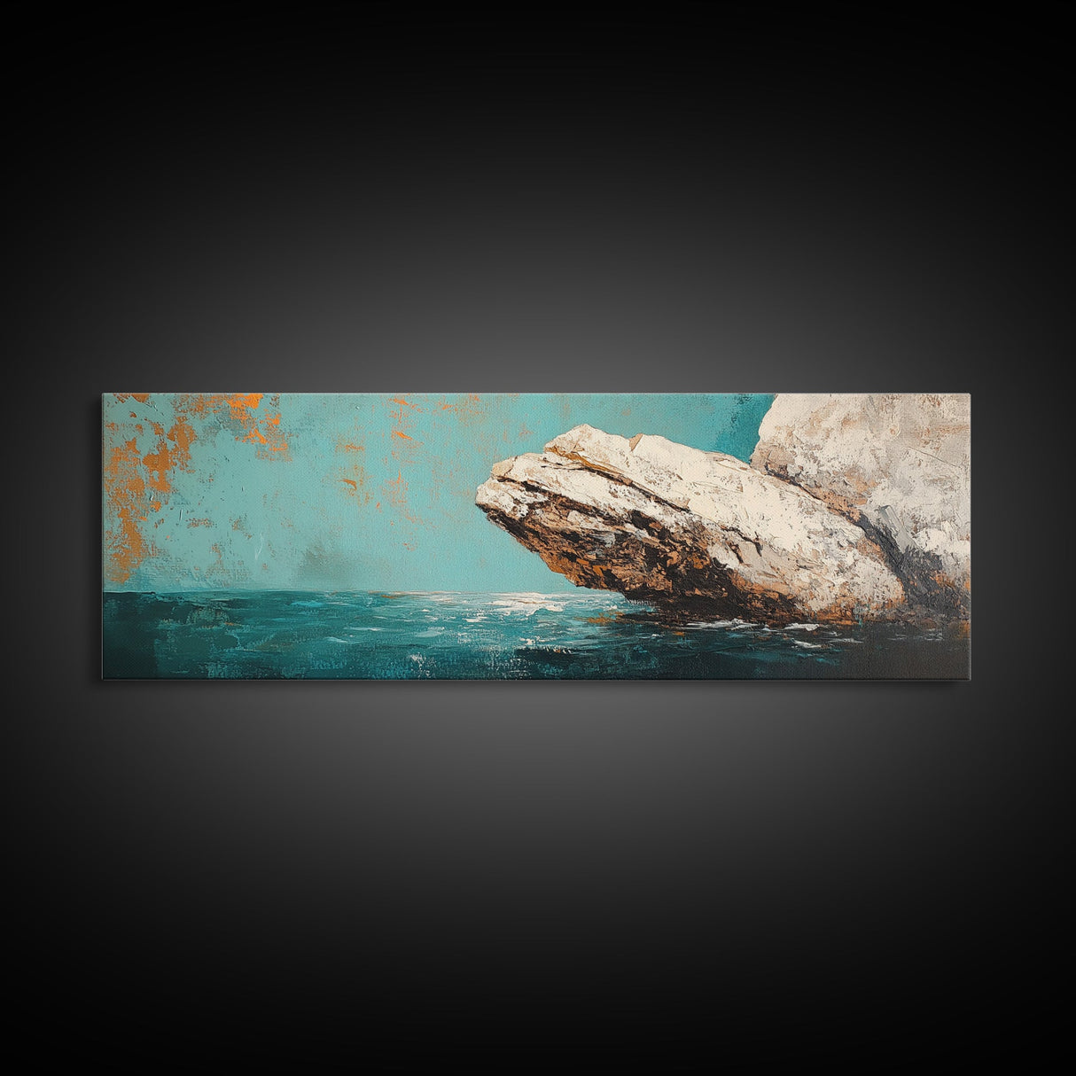 Coastal Rock Formation Framed Canvas Print, Ocean Cliff Painting, Nautical Wall Art, Beach House Decor, Textured Landscape Artwork