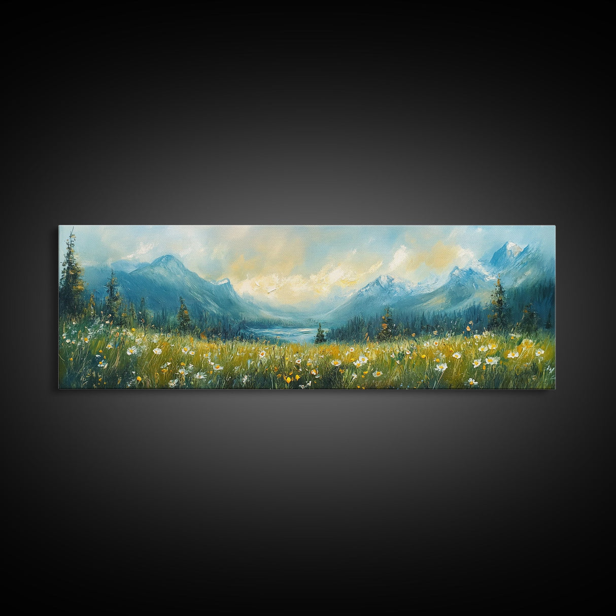 Mountain Lake Meadow Painting, Serene Nature Landscape, Cozy Cabin Art, Blue and Green Rustic Bedroom Wall Decor, Framed Canvas Print