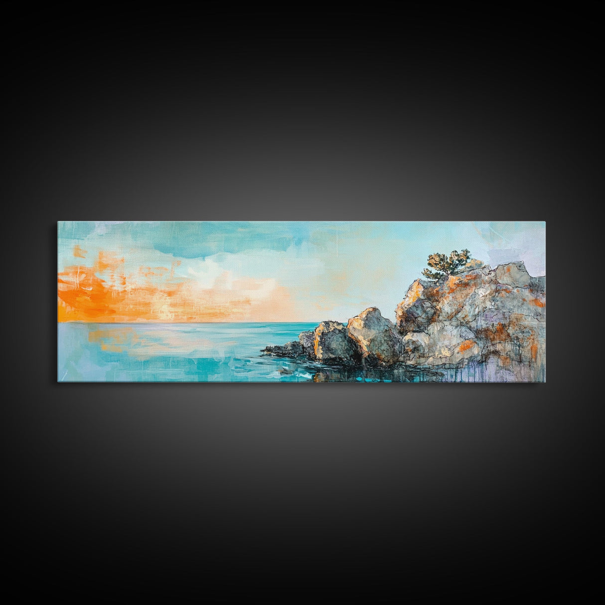 Seaside Cliff, Tranquil Beach Painting, Ocean View Wall Art, Home Decor, Framed Canvas Print, Minimalist Style, Bedroom Artwork