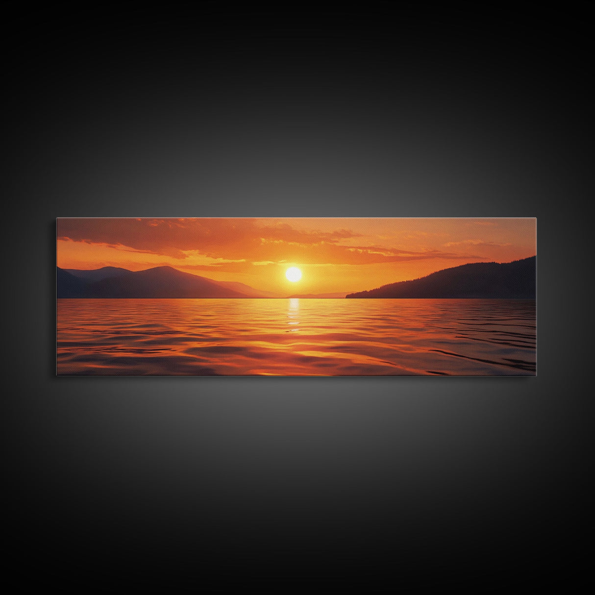 Golden Sunset, Serene Lake Painting, Tranquil Water Art, Nature Decor, Framed Canvas Print, Minimalist Style, Bedroom Artwork