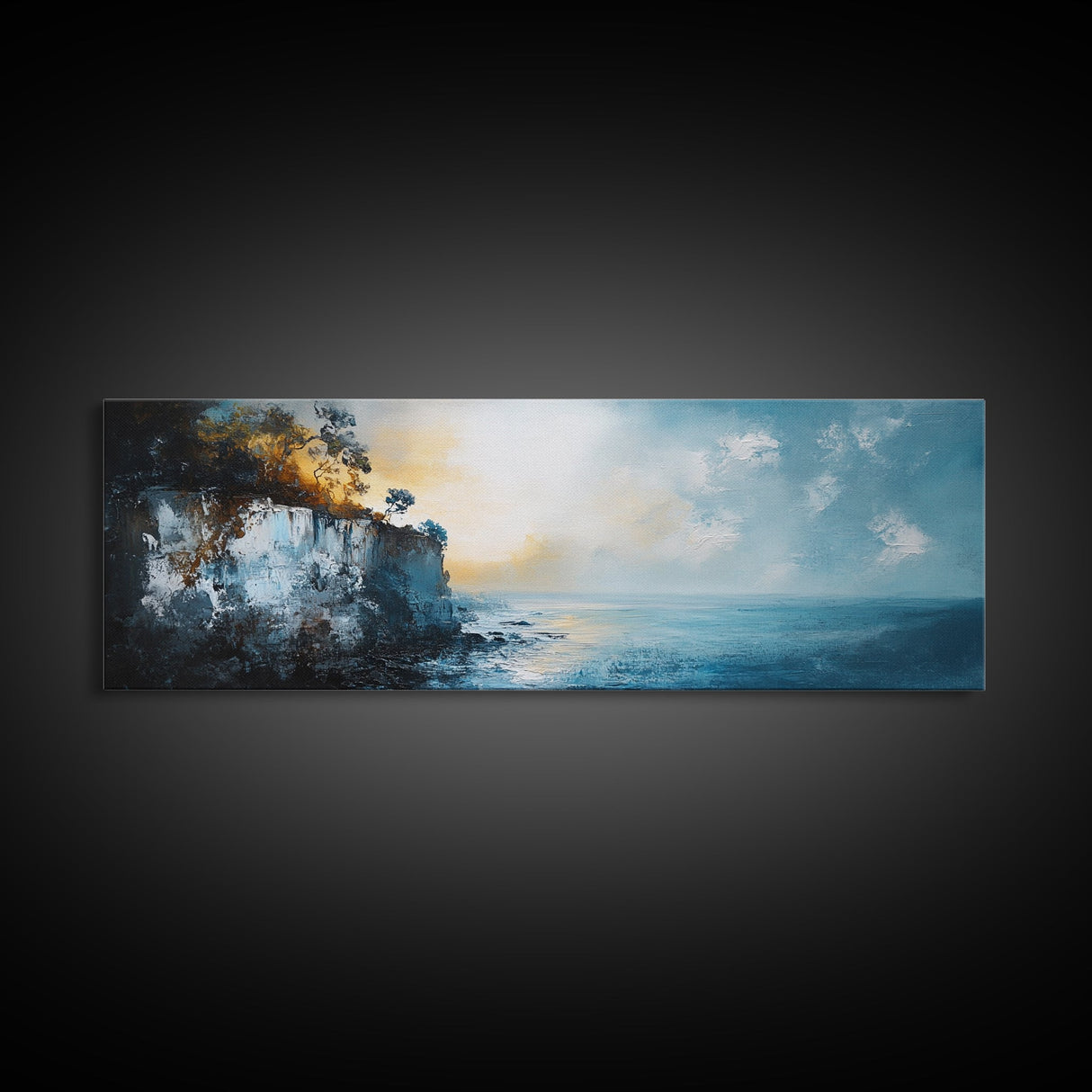 Misty Ocean Cliffs Canvas Print Moody Coastal Wall Art, Dark Blue Seascape Painting, Foggy Landscape, Contemporary Office Decor