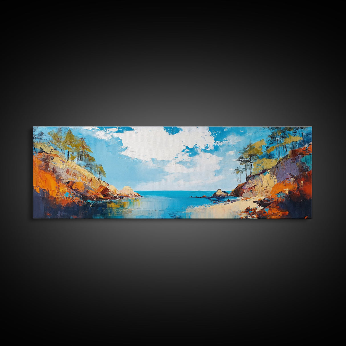 Golden Coast Sunset Framed Canvas Print Bold Landscape Painting, Seaside Scene, Impressionist Coastal Wall Art, Living Room Decor