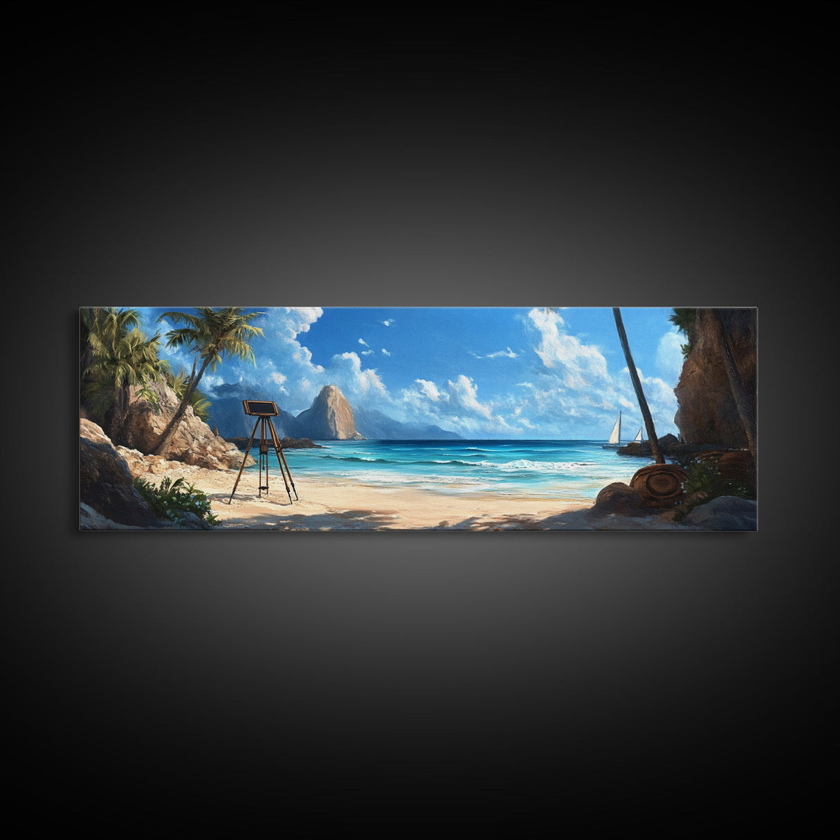 Tropical Beach Framed Canvas Print, Seaside Paradise Wall Art, Coastal Landscape Painting, Ocean View Decor, Office Art